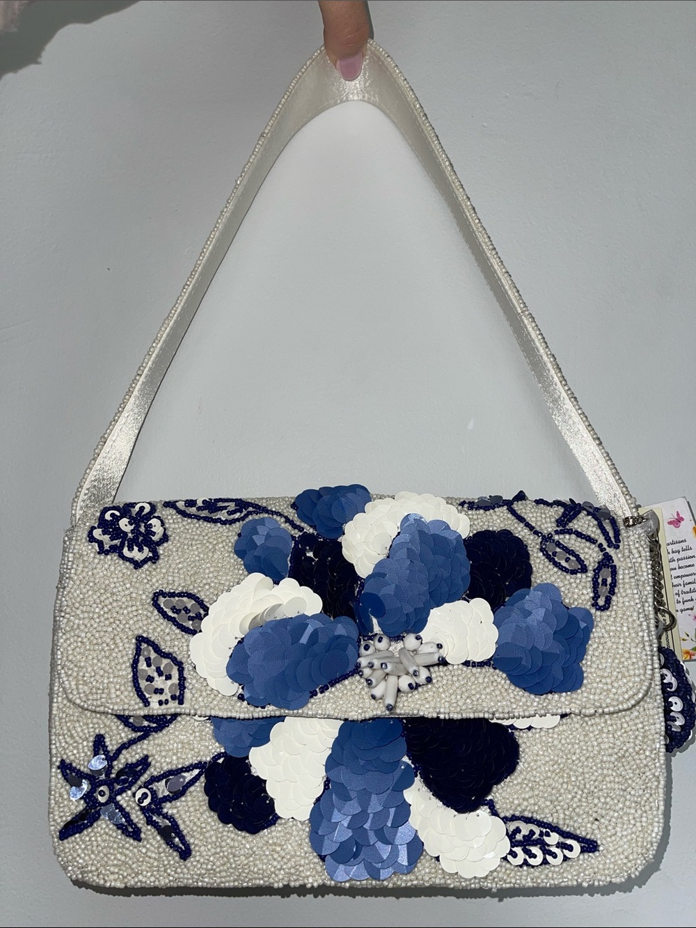 NEW Beaded Embellished Cream Shoulder Bag with Blue Floral Appliqué